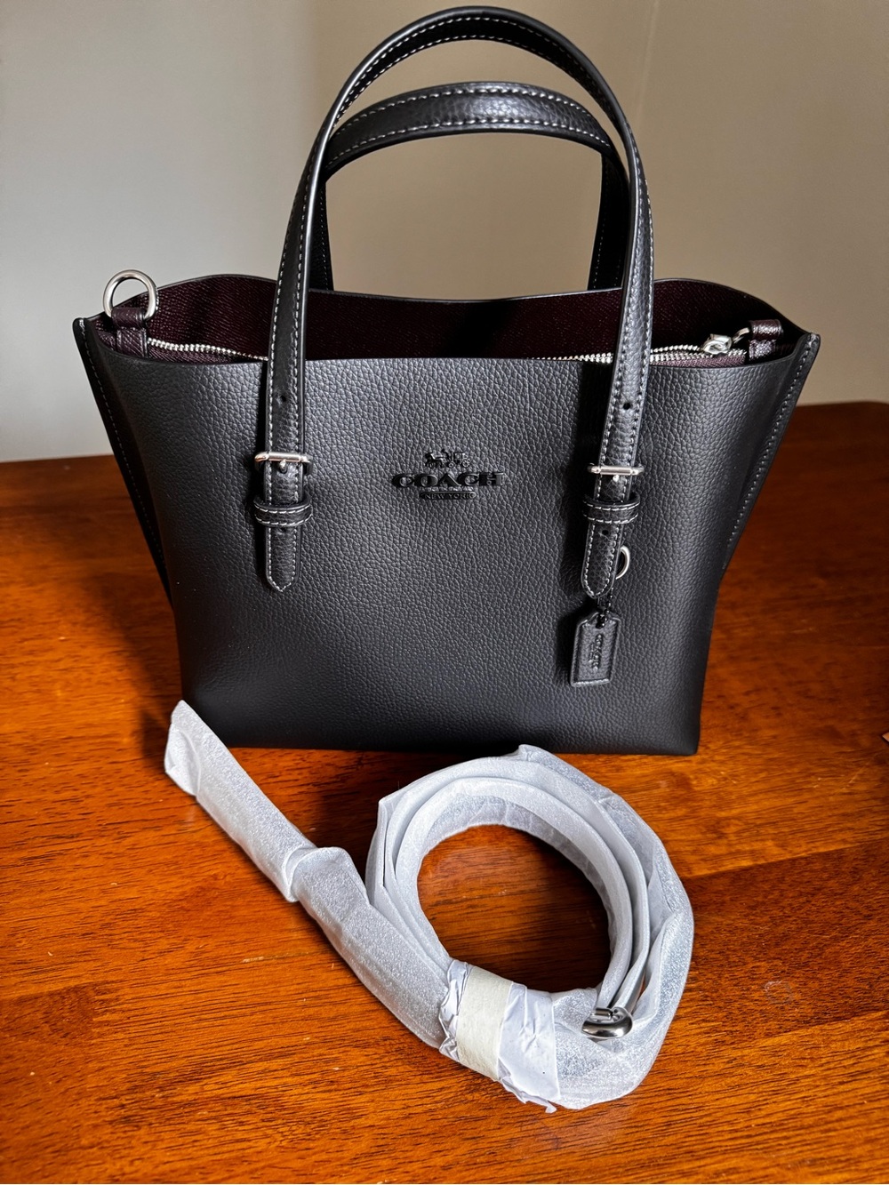 Coach Black Pebbled Leather Mini Tote with Burgundy Interior